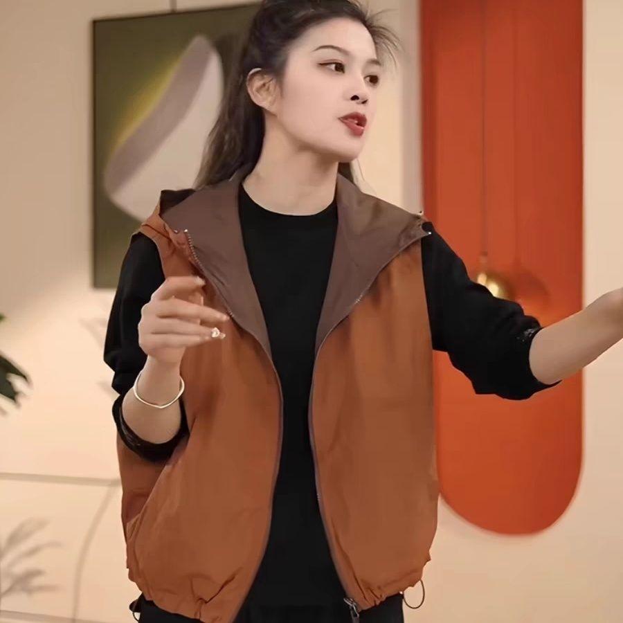 Double Sided Women's Vest Jacket   Spring/Summer Loose Hooded Sleeveless Coat Women Casual Waistcoat Zipper Outwear
