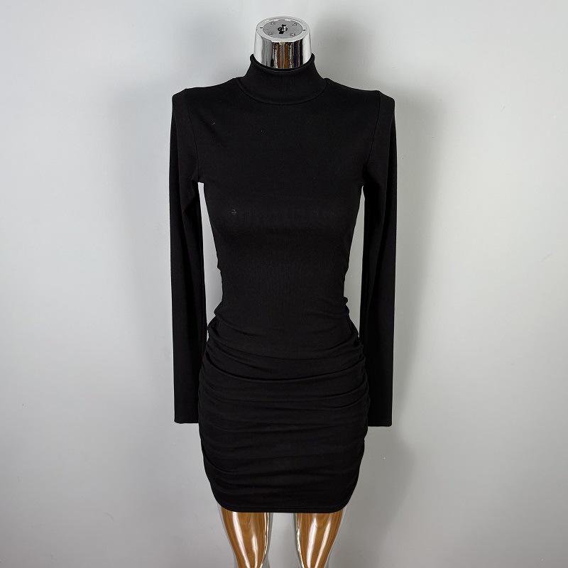 Dongdaemun Elegant Pleated Bodycon Long-Sleeve Dress - Sexy Slim-Fit for Women One Size чёрный