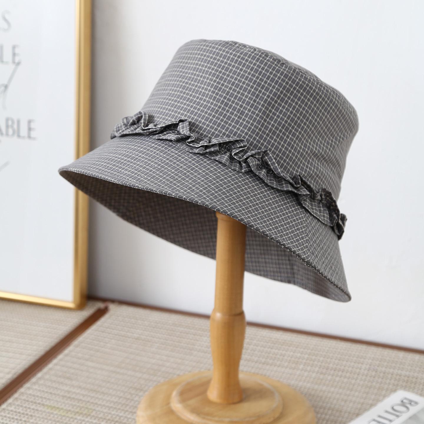 

Women s Plaid Bucket Hat with Ruffle Lace, Windproof & Versatile Spring, Summer, Autumn 56-58cm серый