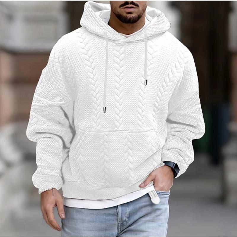 Men S Casual Hooded Pullover Sweatshirt Jacquard Solid Long Sleeve Loose Fit