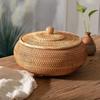 Handwoven Rattan Storage Box with Lid Tea Food Container Kongfu Tea Set Bread Fruit Basket with Lid Puer Tea Bag Organizer