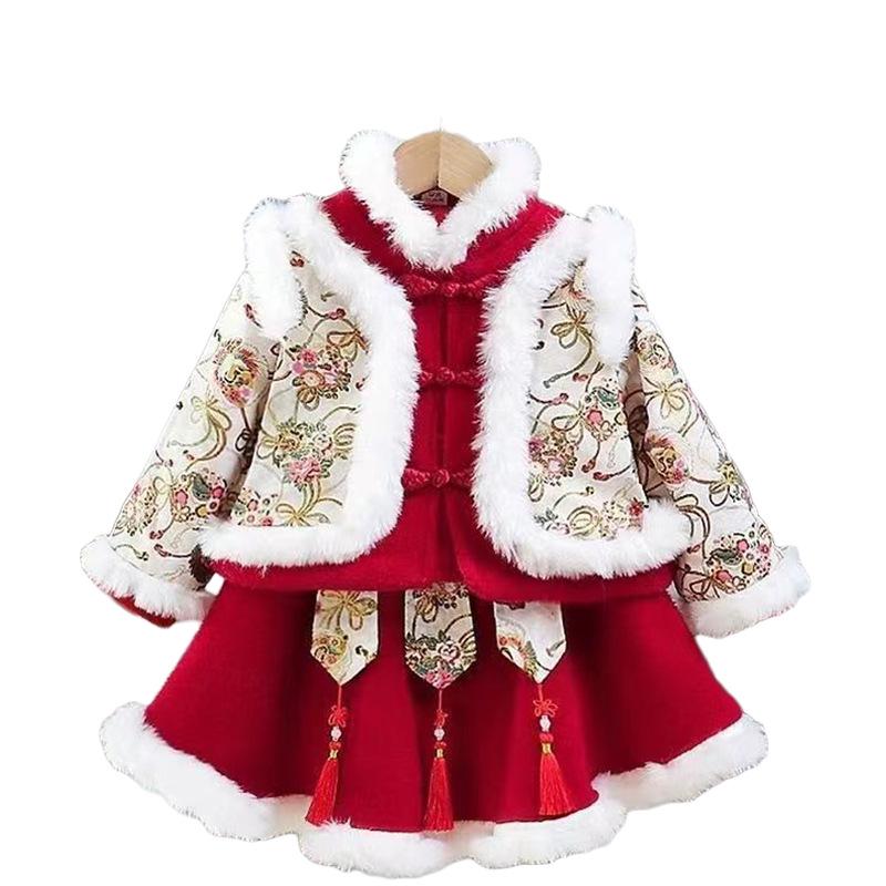 Girls' Winter Fleece-Lined Hanfu Skirt Set - Children's Chinese Tang Style New Year Costume