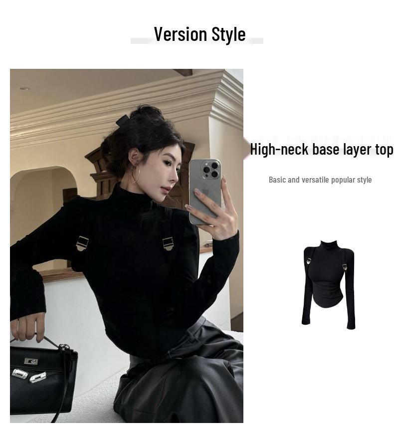 Korean Spicy Girl High Neck Slim Fit Suspender T-Shirt - Women's Autumn/Winter Patchwork Top