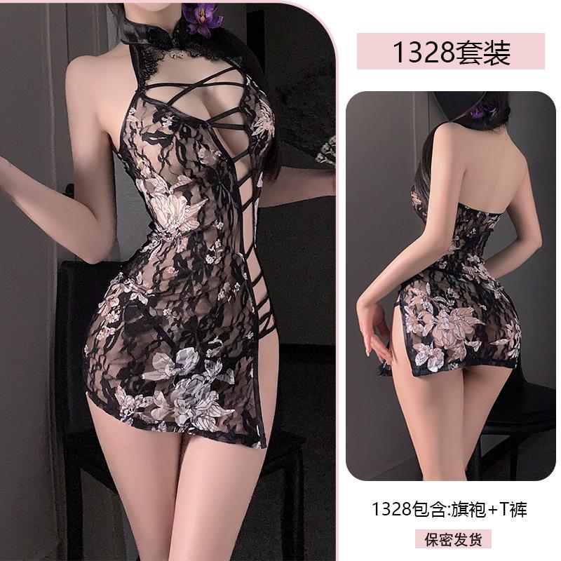 Erotic Lingerie, Sexy printed Lace, Seductive Cheongsam, hip-Hugging, see-through uniform, Seductive Pajama Set 1328