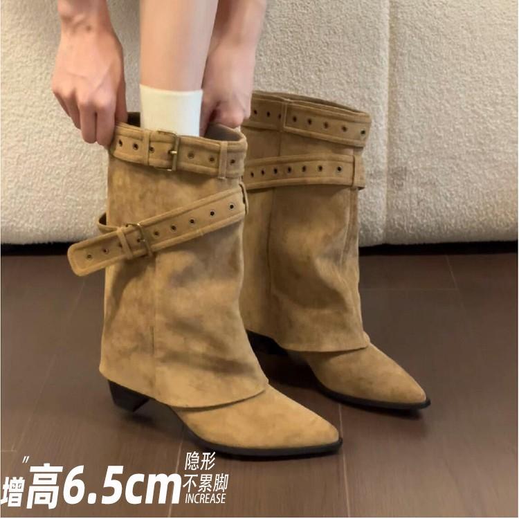Cowhide version~ thick heel inner height-increasing short boots women's 2025 new pointed two-wear medium tube pants tube boots western knight boots