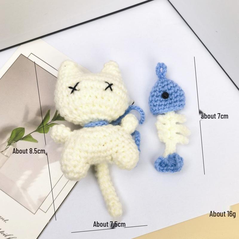 Knitted Cat Eating Fish Keychain Pendant - DIY Jewelry Ornament