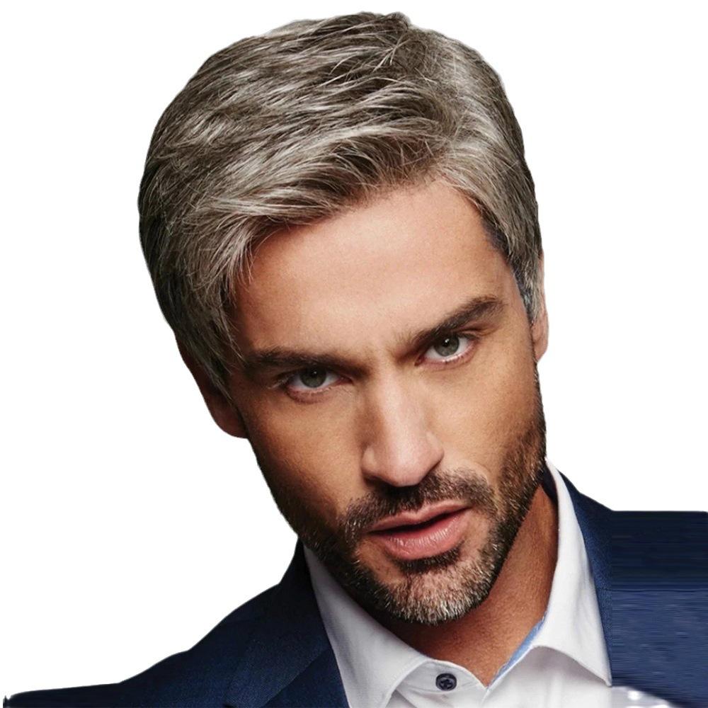 Męskie, brązowe, szare, krótkie włosy z rozcięciem na boku