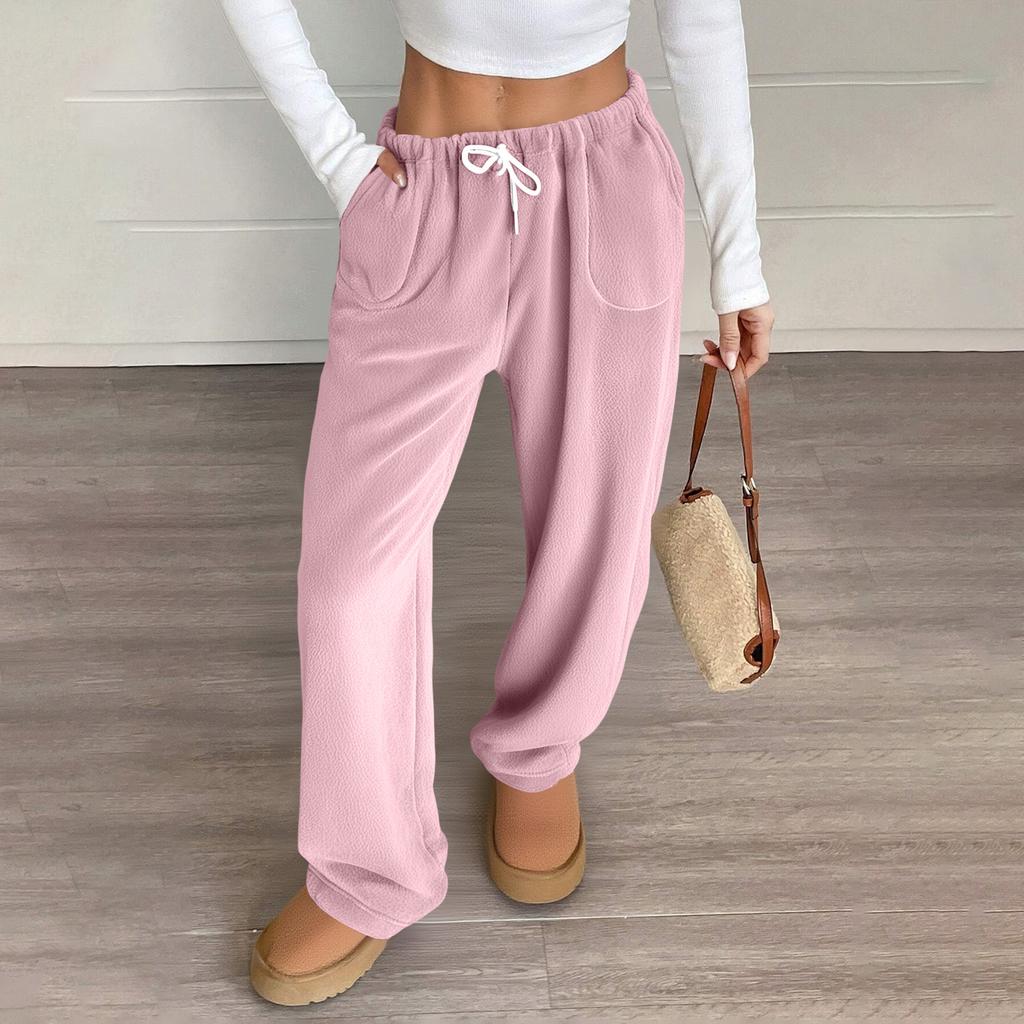 Women Pajama Pants Plush Sleep Pants Soft Elastic Waist Pajama Bottoms Solid Color Pants With 2 Pockets