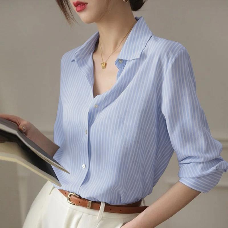 ZANZEA Women Daily Casual 3/4 Sleeve Loose Commute Stripe Blouse S синий