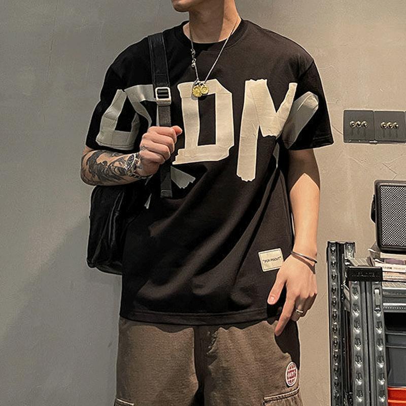 2023 Summer Casual All-match Trend Korean Fashion Short Sleeve Round Neck Solid Color Letter Printed Loose Fashion Youth T-shirt