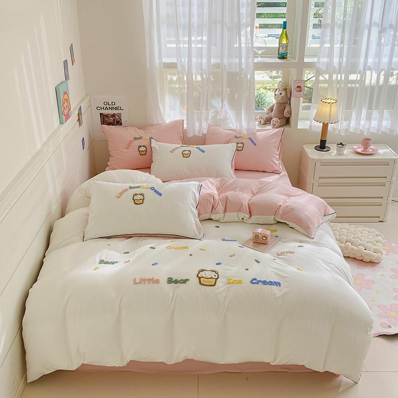 Cute Ice Cream Embroidered Bedding Set Soft Skin-friendly Duvet Cover Set with Sheet Single Double Bed Quilt Cover Pillowcases