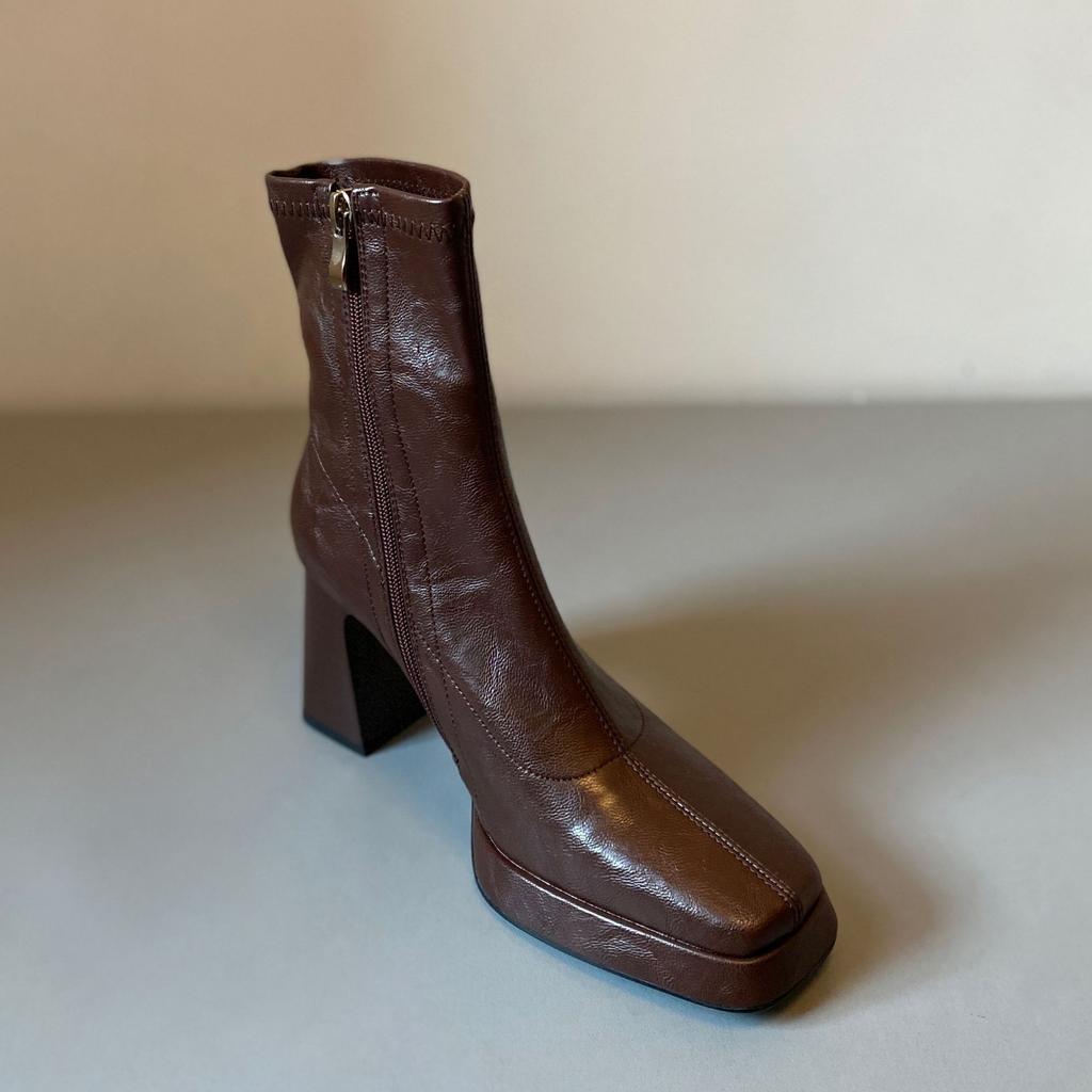 French leather niche high heel thin boots square head waterproof table short boots women's thin elastic boots small bare boots