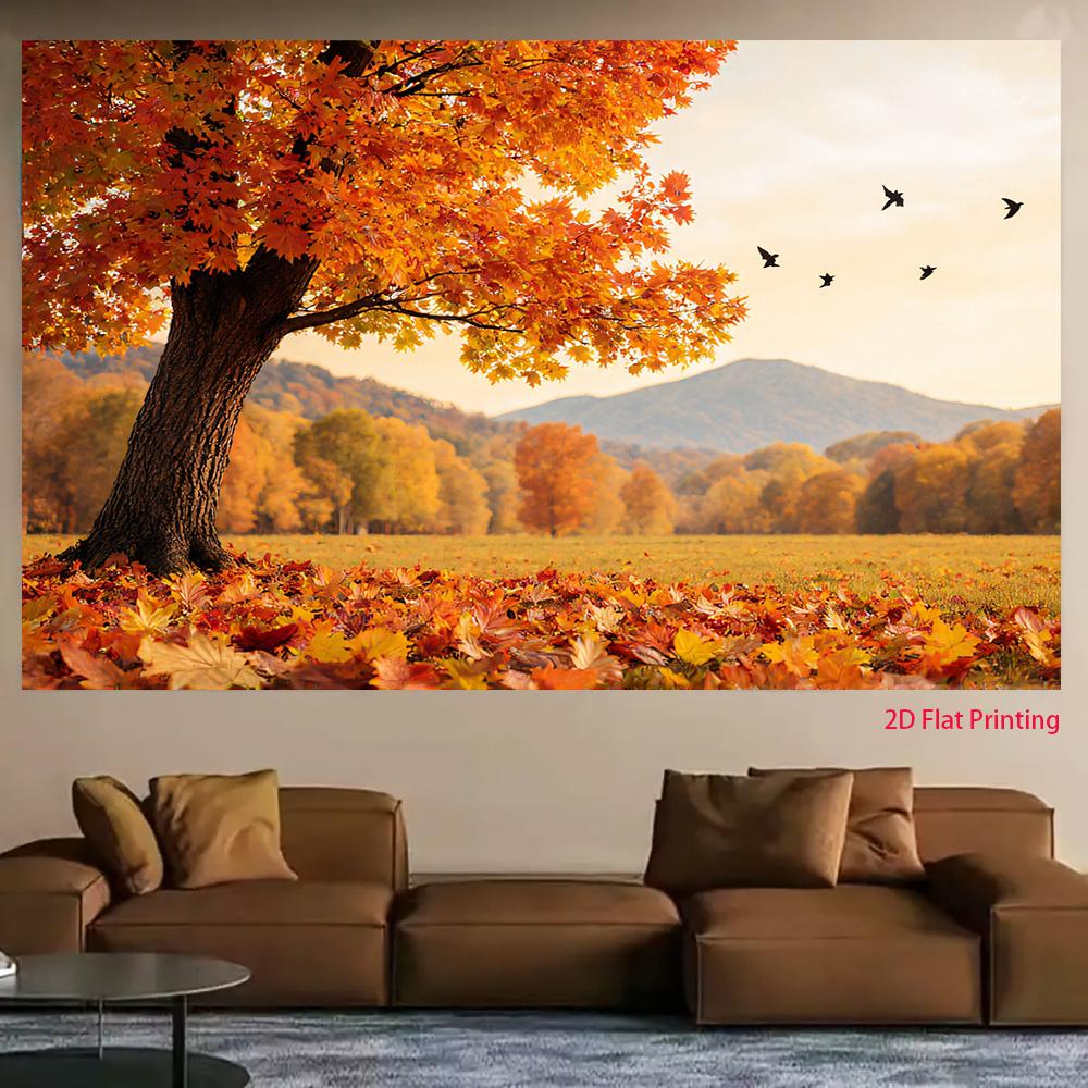 2D Flat Surface Background Fabric with Autumn Trees and Flying Birds Suitable for Living Room and Bedroom Polyester Fiber