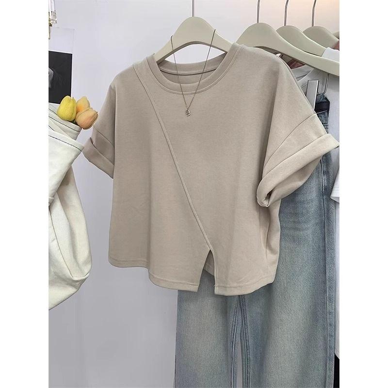 Damen Tasche Kragen Design Sinn Nische Schlitz Klein Kurz Kurzarm T-Shirt Top