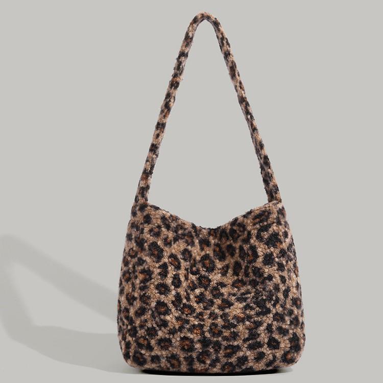 Autumn Winter New Korean Version Ins Style Imitation Lamb Wool Large Capacity Shoulder Underarm Bag Fashion Versatile Leopard Print Tote Bag