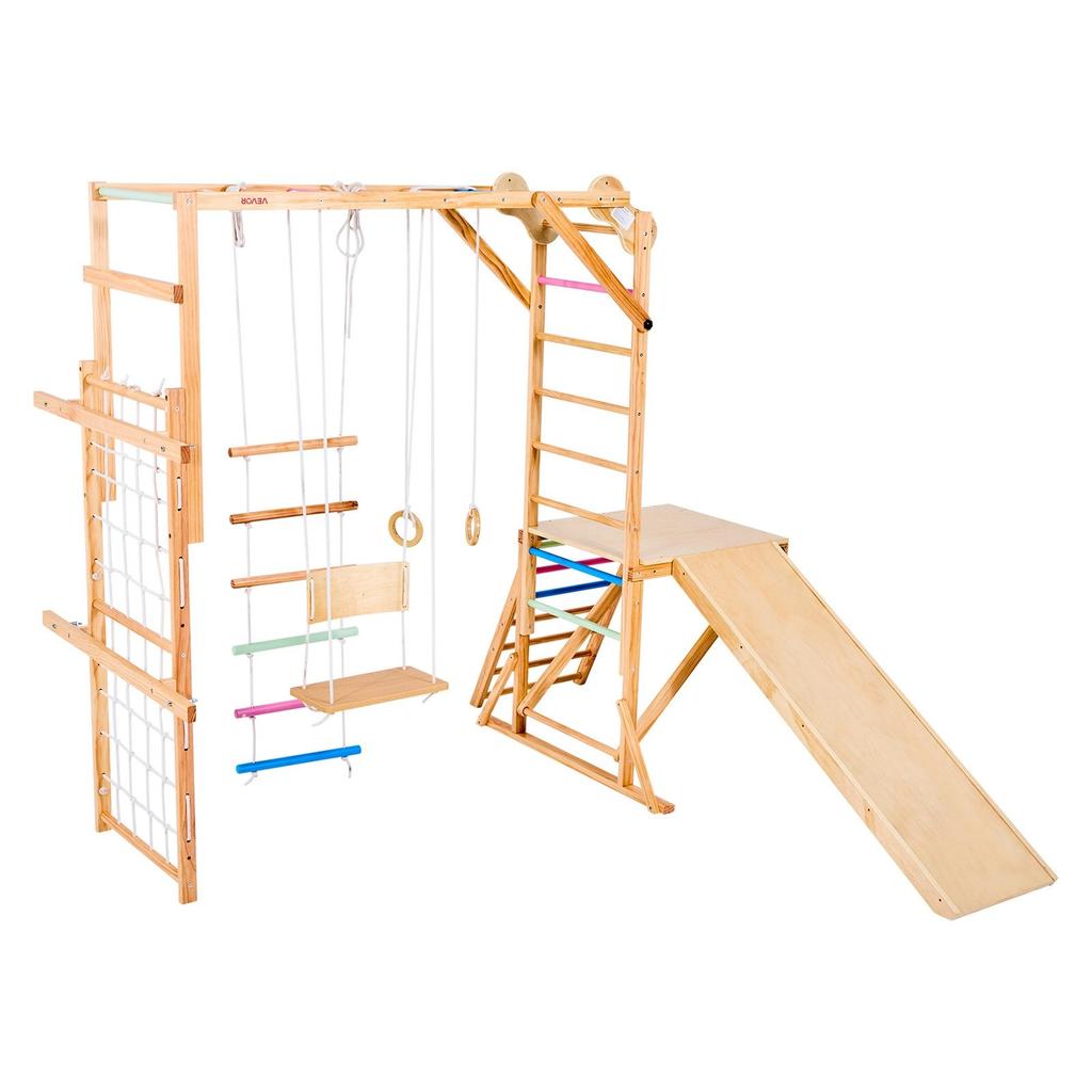 Indoor Playground Jungle Gym, 8-in-1 Wooden Indoor Playground Playset, 100KG Loading Montessori Climbing Toys with Swing, Slide, Monkey Bar, Gym