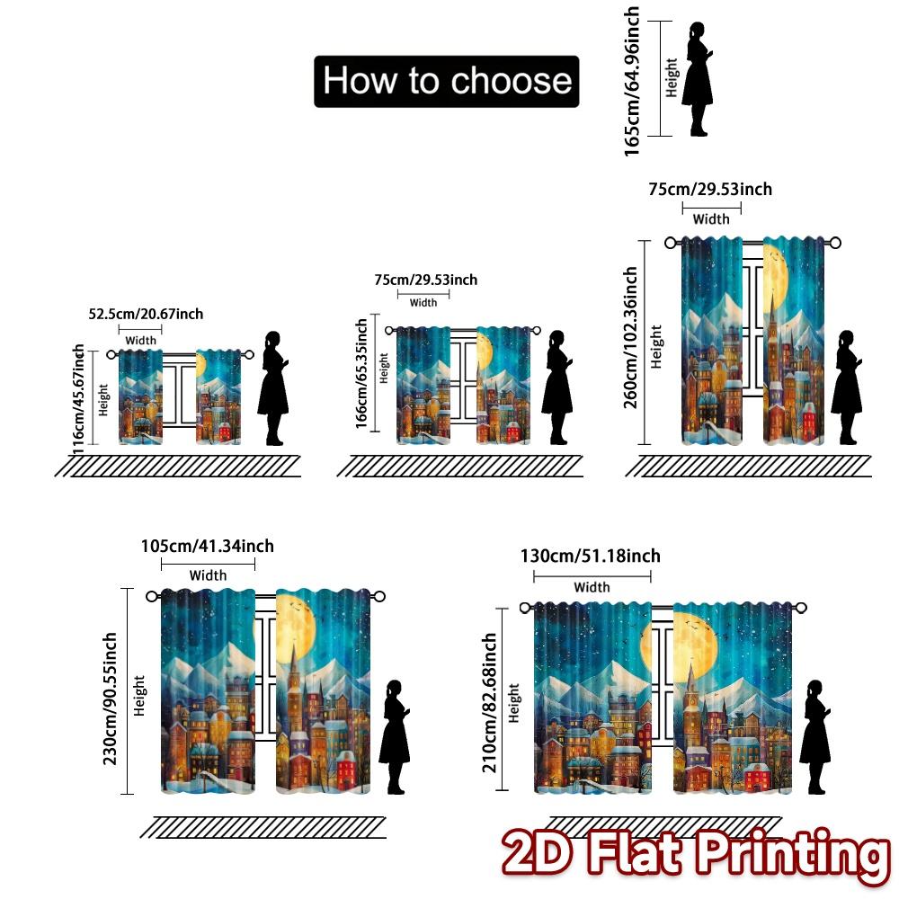 2pcs, 2D FLAT PRINTING Curtains (Without Rod) WinterVillageMoon Modern Modern Curtain Versatile Polyester Curtains Decorations