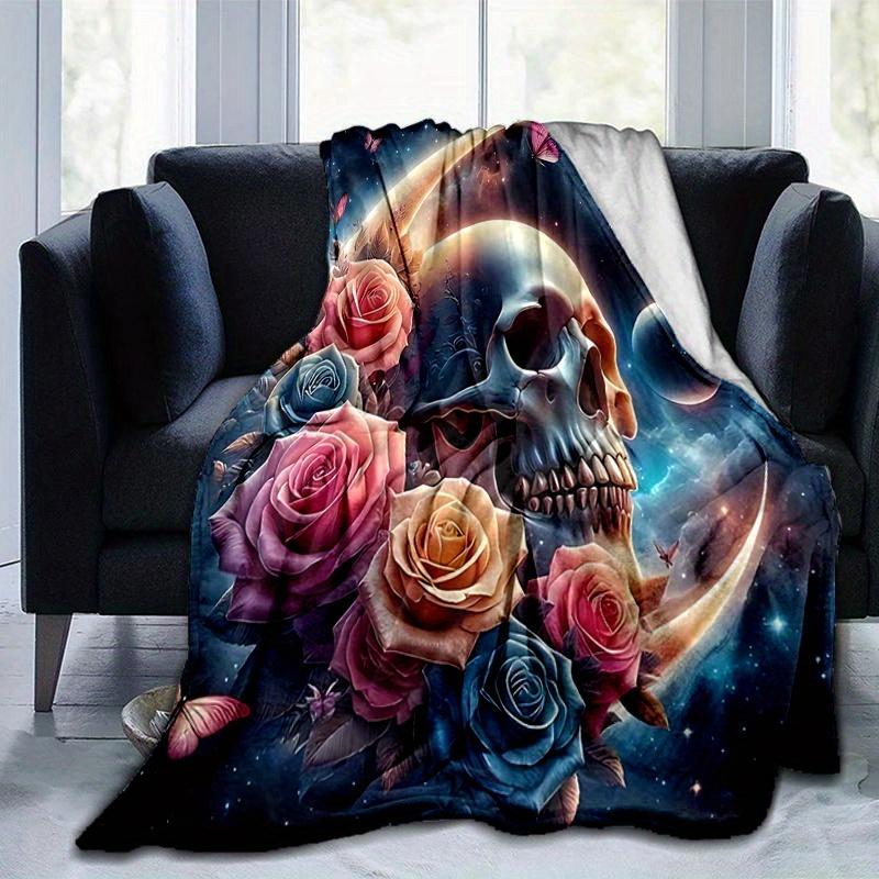 1pc Skull Surrounded by Roses Butterflies and Celestial Moons Super Soft Flannel Blanket Great for Bed, Sofa, Chair, Camping