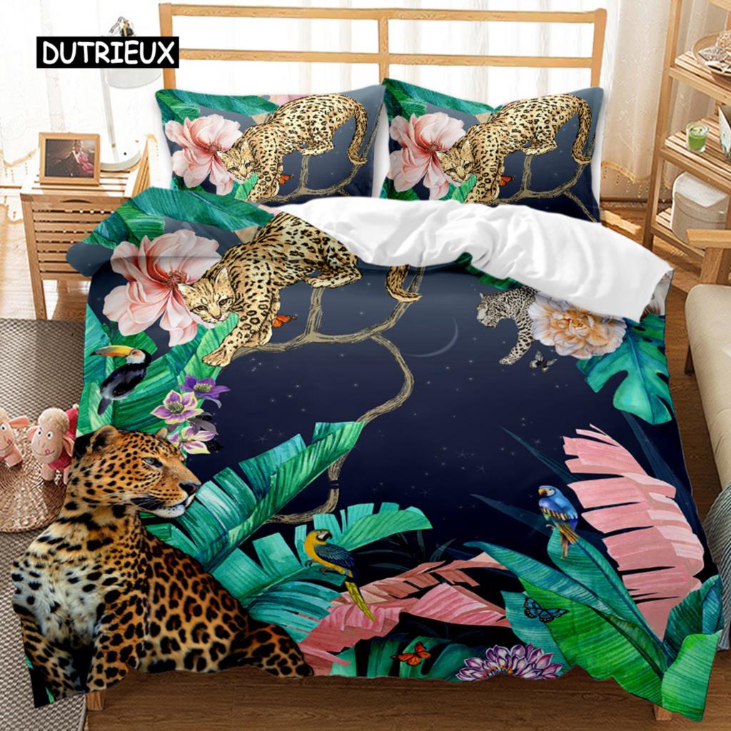 Leopard Bed Cover Collection Fierce Cheetah Bed Cover Collection Moon Viewing Wild Animal Printed Full Size Queen Size King Dimension Size Polyester