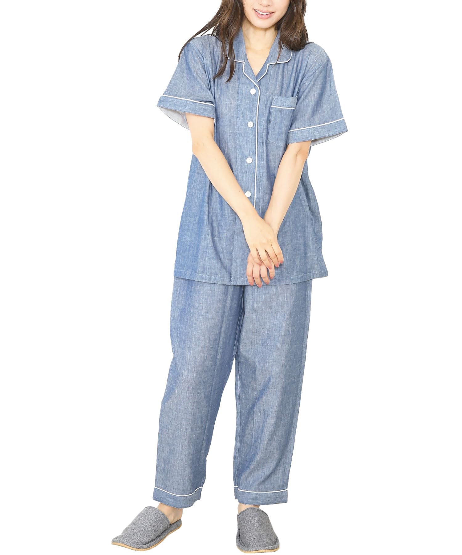 

ON NISHIKI Summer Short Premium Combed Double Top and Bottom Long Pants Size Women s Pajamas, Sleeves, 100% Cotton, Yarn, Gauze, Skin-Friendly,