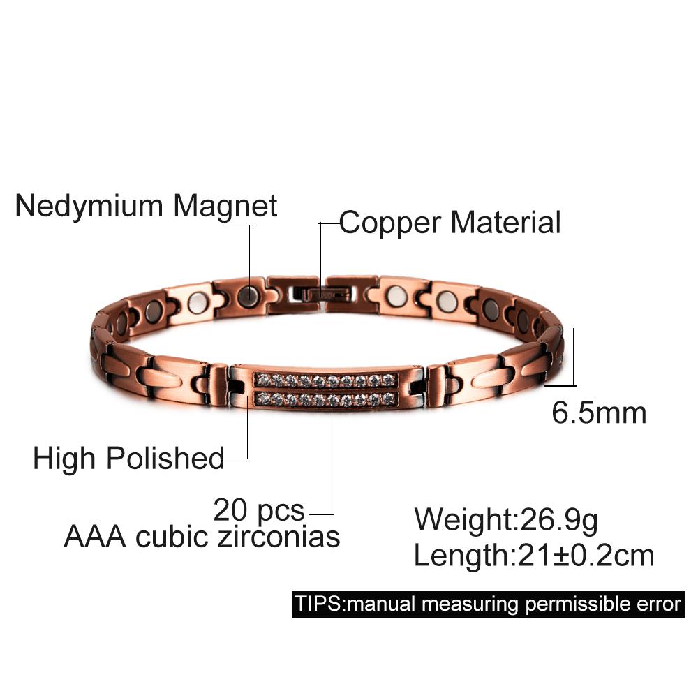 Magnetic Pure Copper Bracelets for Women Cubic Zirconia Chain Link Solid Metal High Magnet Jewelry Health Energy Arthritis