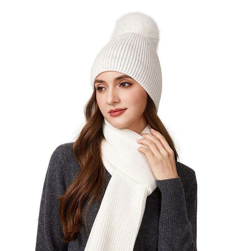 Autumn Winter Wool Cap Scarf Two-Piece Set with Ball Cap Women Knitted Cap