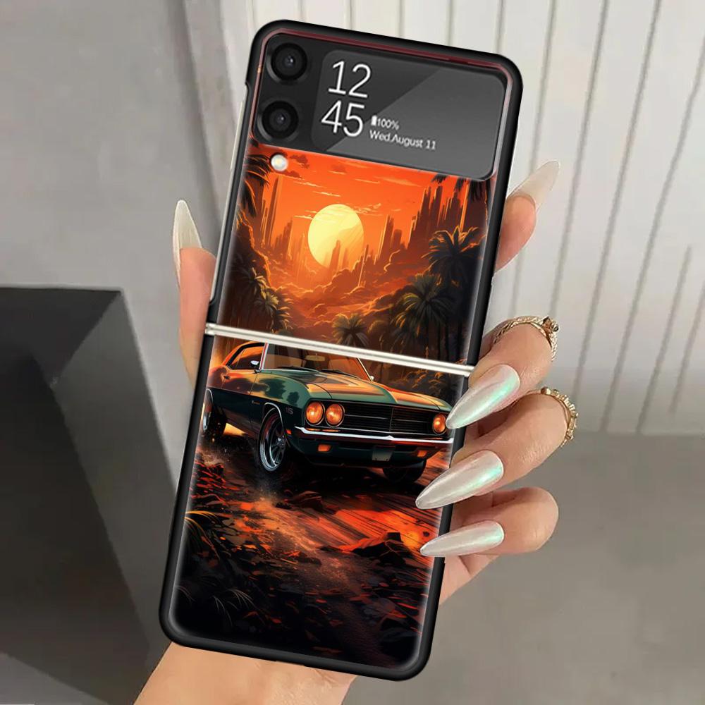 Classic Vintage Old Retro Car Hard PC Phone Case For Samsung Galaxy Z Flip 7 6 5 4 3 Black ZFlip7 ZFlip6 Flip5 Flip4 Flip3 5G Pr Samsung Z Flip 3