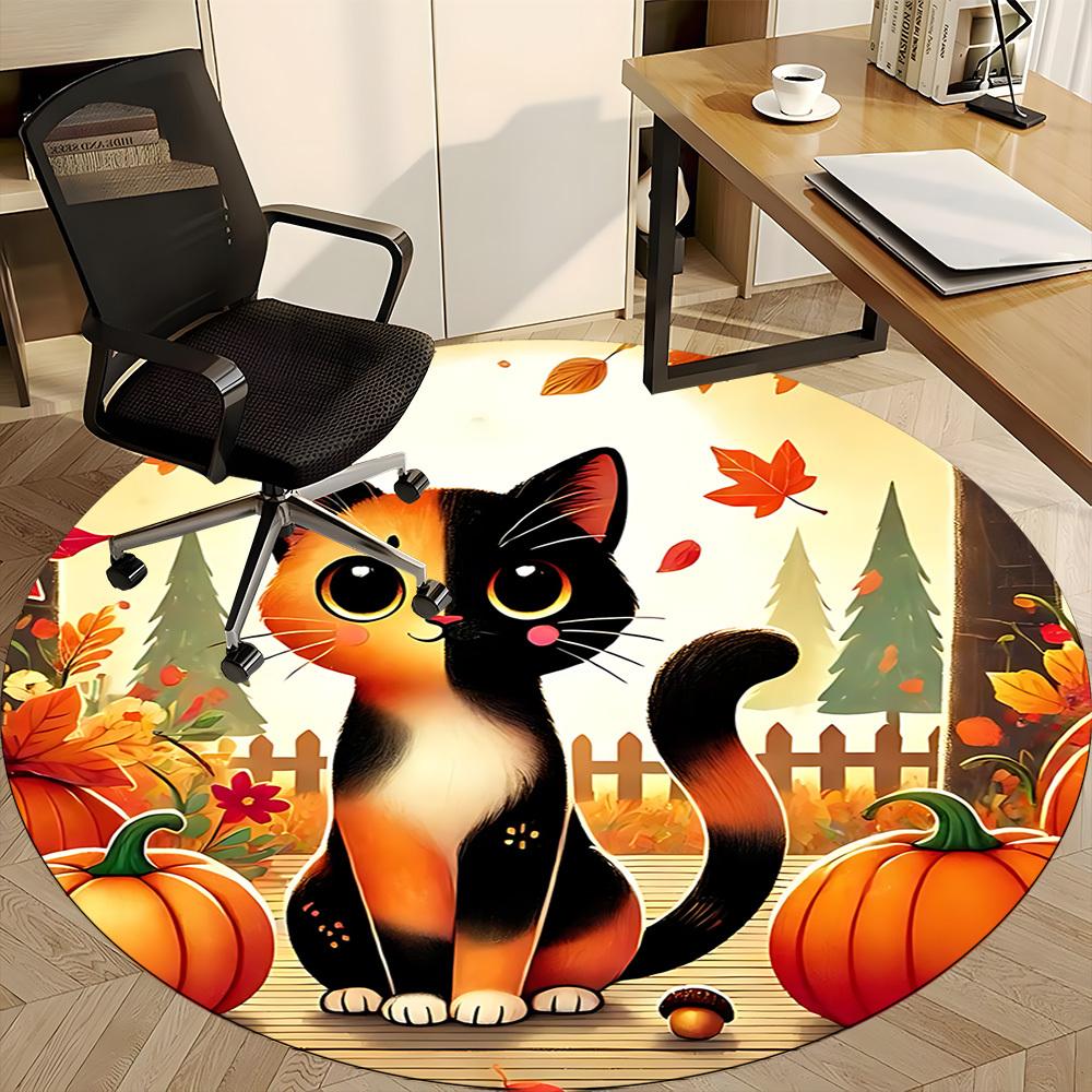 1pc Autumn Cat Office Round Area Rug,  Mat Suitable ForOffice, Under Office Chairs Bedroom Living Room Home Decor, Room Deco