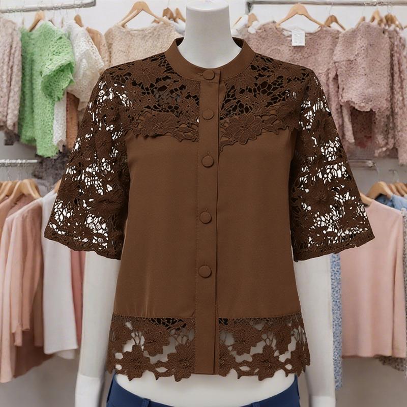 

ZANZEA Женская повседневная блузка с полым кружевом, крючком, пэчворк, летняя, с рукавом до локтя 3XL коричневый