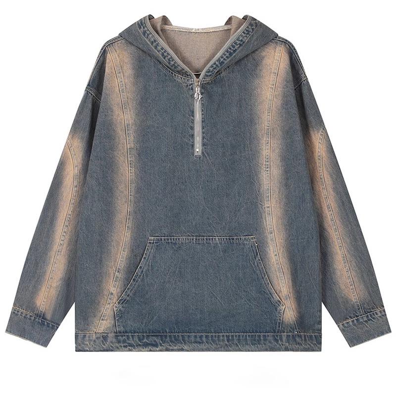 Unisex Retro Distressed Denim Hoodie Jacket - Spring/Autumn Loose Fit