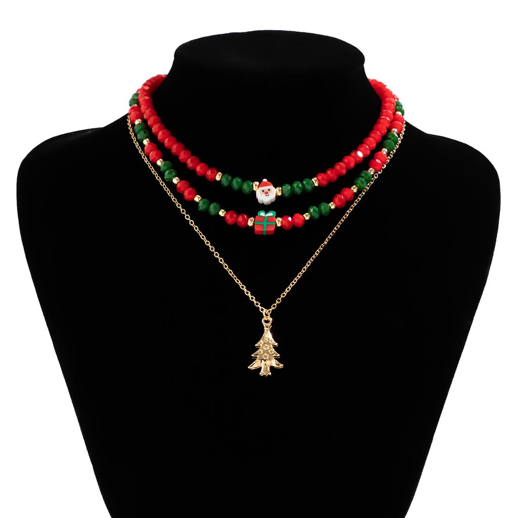 Korean Cute Red/Green Crystal Beaded Clavicle Necklace Fashion Metal Christmas Tree Snowman Pendant Necklace Christmas Jewelry