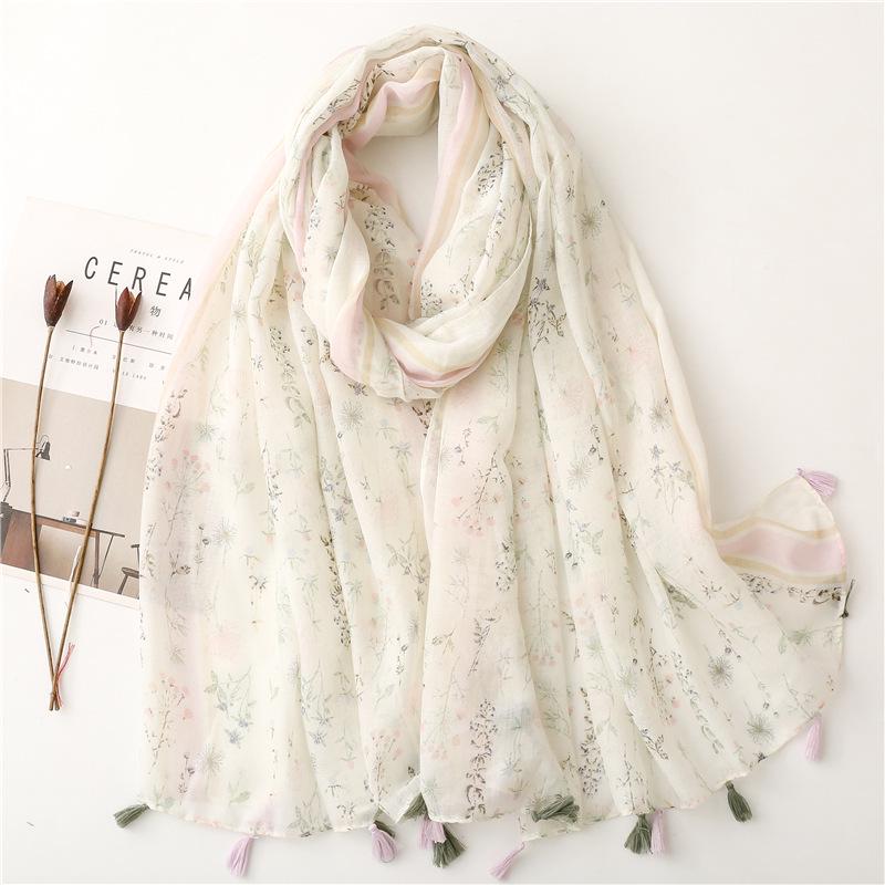 "Bali Yarn Cotton-Linen Scarf: Fresh Solid Color, Fruit Green & Bright Yellow Leaf Print with Tassel Detail"