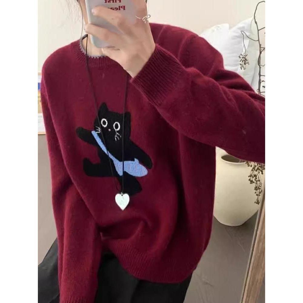 2025 Korean Cute Cat Knit Pullover - Women's Versatile Round Neck Sweater for Autumn/Winter
