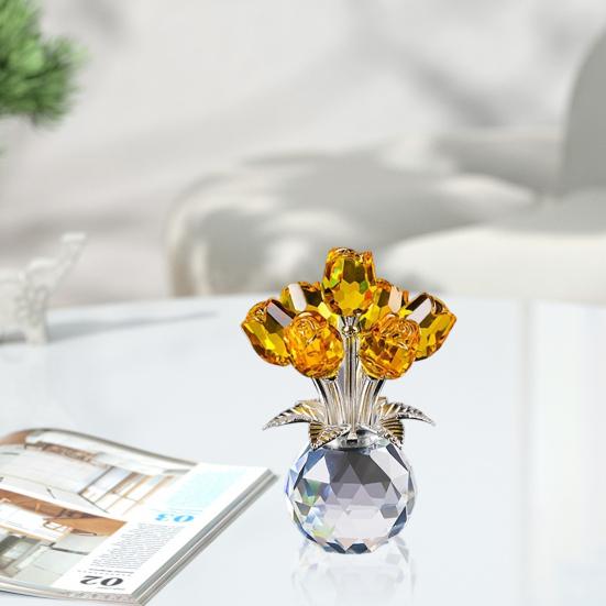 Faux Crystal Rose Flower Ornament Handmade Bouquet Figurine Mini Flower Vase Decoration Wife Girlfriend Women Wedding Anniversary Birthday Gift