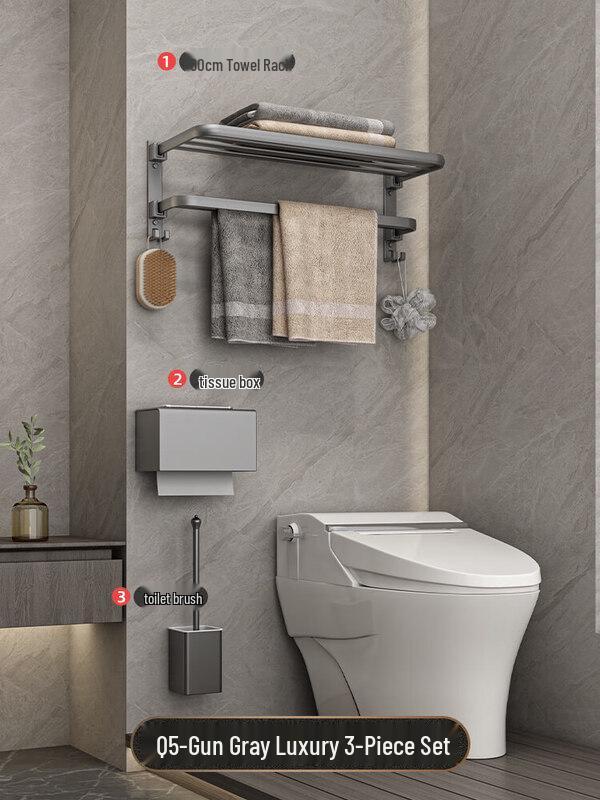 Lion Search No-Drill Space Aluminum Bathroom Shelf with Double Towel Bar, Gunmetal Grey