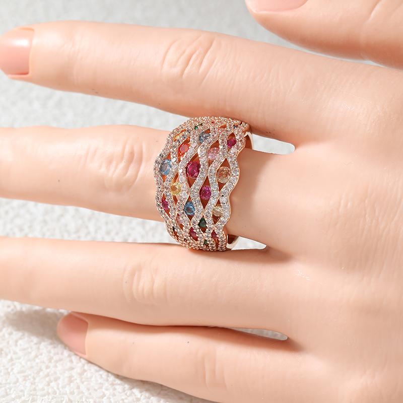 Luxury Inlaid Multicolored CZ Women's Ring Trendy Gold Color Geometry Daily Wear Party Jewelry Anniversary Gift