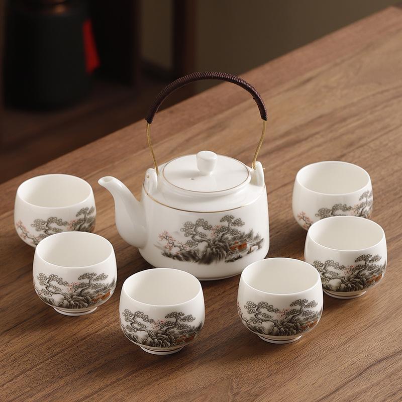 Jade Porcelain Tea Set Chinese Kung Fu Tea Pot Ceramic Tea Cup White Porcelain Set Household Large Capacity Handle Pot