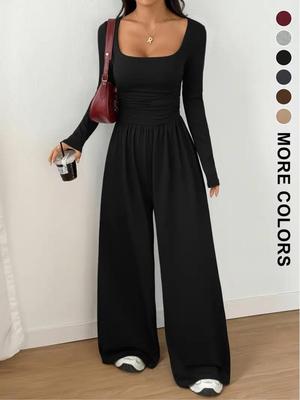Neuer Stil Langarm Damen Freizeit Weiter Bein Einfarbig Schlankmachender Jumpsuit