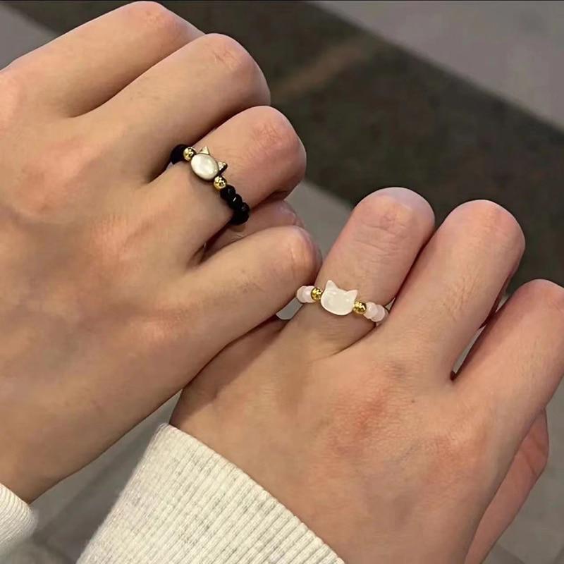 Natürliche Mondstein Obsidian Ringe Perlen Minimalistischer Ring Handgemacht Niedlicher Schwarz Weiß Katzenring Damen Party Zubehör Schmuck