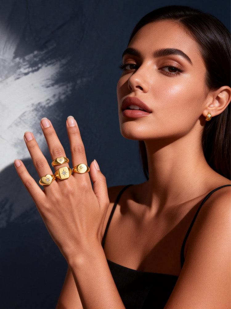 Edelstahl Sonnenschein Siegelring Pinky Ring, Zirkonia Inlay Ring Vergoldet, Anlaufgeschützter Modeschmuck