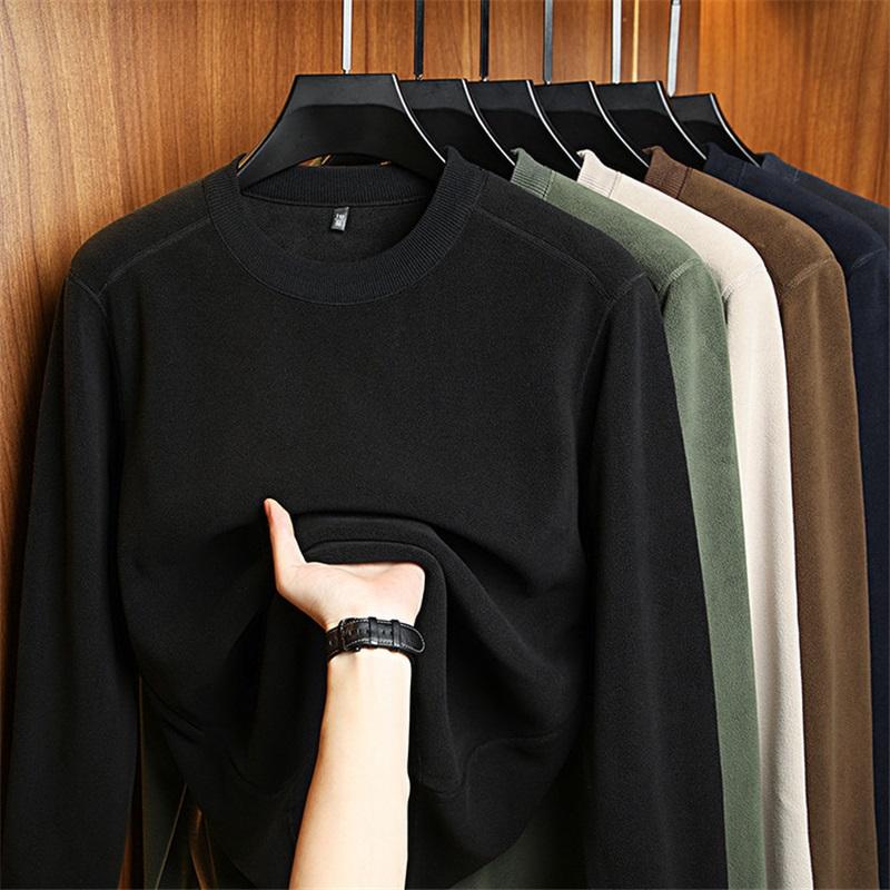 Men's Solid Color Warm Round Neck Thick Long Sleeved Base Shirt