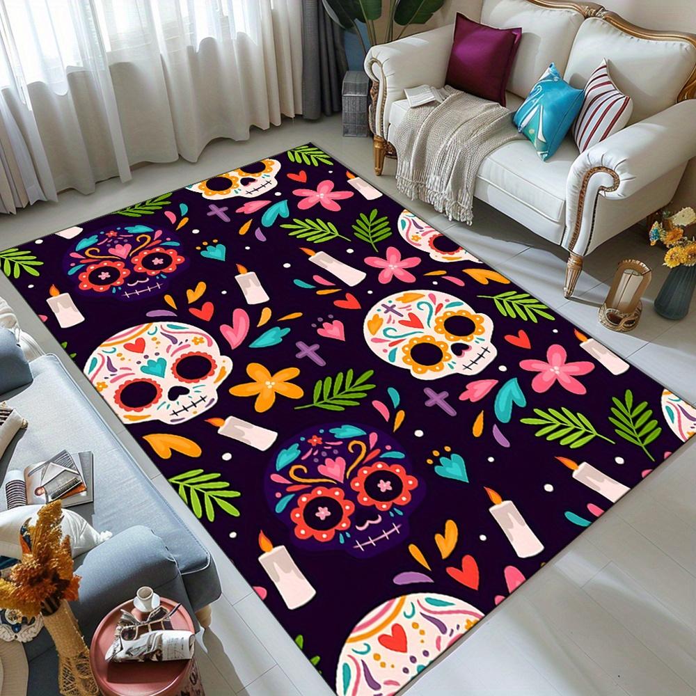 Vibrant Day of the Dead Skeleton Area Rug - Colorful Skull & Floral Design, Crystal Velvet, Perfect for Living Room, Bed