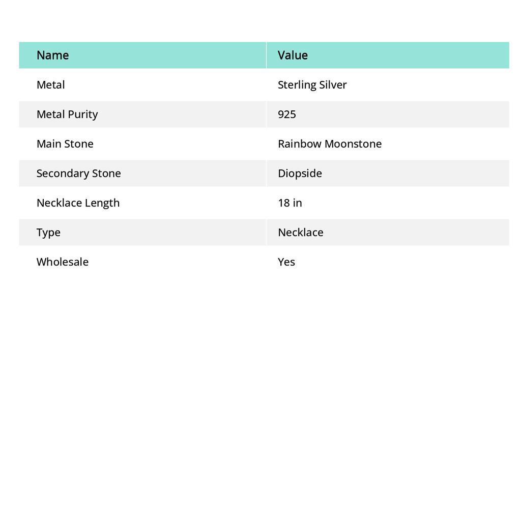 Natural Rainbow Moonstone, Diopside 925 Sterling Silver Necklace 18" j2C65