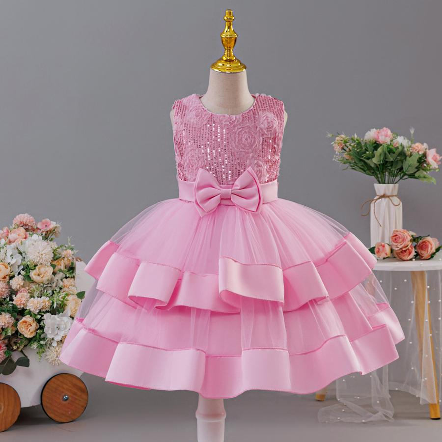 Girls' New Style Double Layer Mesh Lace Bow Party Evening Dress Princess Performance Outfit