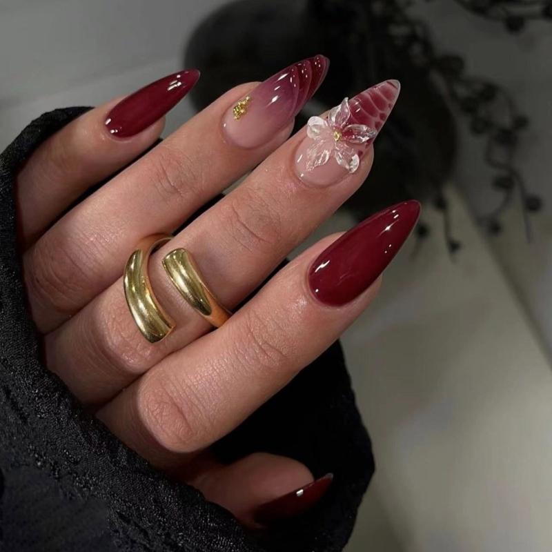 Christmas Wine Red False Nail For Formal Event Sculpted 3D Flower Comfortable Almond Shape Artificial Nail