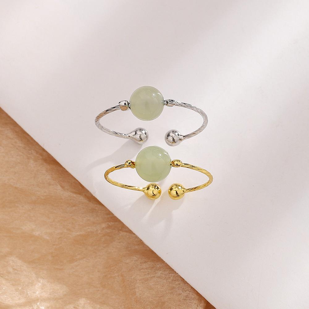 Hetian Jade Ring Temperament Guochao Passepartout Ring Simple, Fresh And Elegant Small Family Jasper Round Bead Open Ring
