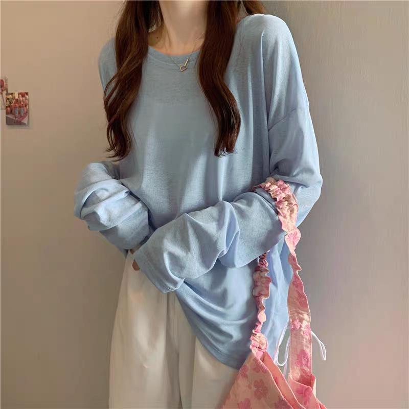 Summer Solid Long Sleeve T-shirts Women's Casual Loose Thin Slightly Transparent Sun Protection Cover Tops Tees Female