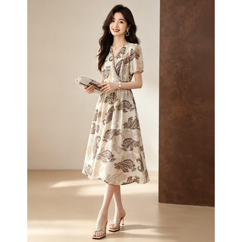 D.F.DEAR Retro Chinese Style Printed V-Neck A-Line Dress