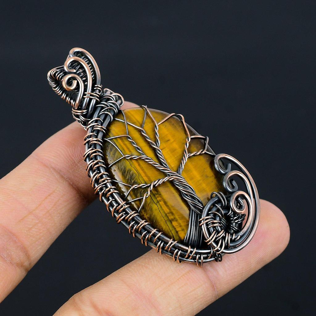 Tree Of Life Tiger Eye Pendant, Handmade Gemstone 999 Copper Wire Wrapped Pendant Antique Jewelry, For Gift Silver Jewelry