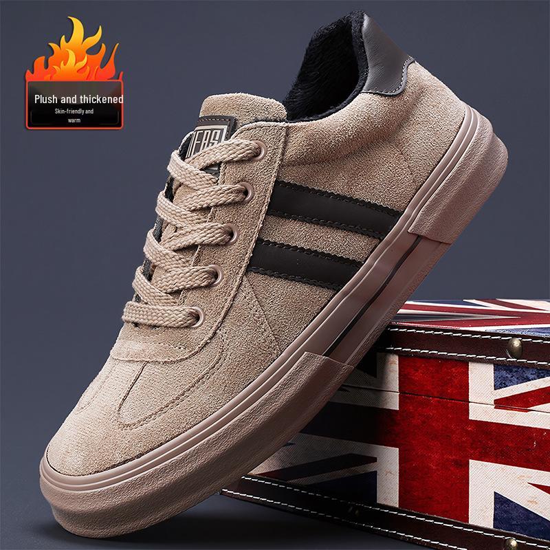 2026 Winter Men's Plush Cotton Shoes - Warm, Comfortable, Lace-up, Low Top Velvet Casuals with Flat Bottom.